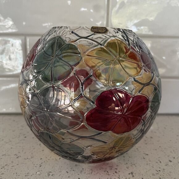 Hand Blown Clear Glass Bohemia Vase Made in Czech 6" Tall Hand Painted Flowers - Picture 3 of 8